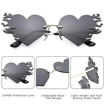 COASION Melting Heart Sunglasses for Women Men Trendy Design Rimless Party Cute Prom Glasses Personality Fashion Fire Flame Shades (Grey)