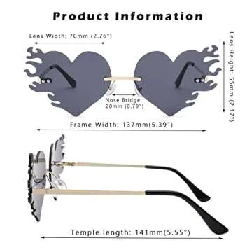COASION Melting Heart Sunglasses for Women Men Trendy Design Rimless Party Cute Prom Glasses Personality Fashion Fire Flame Shades (Grey)