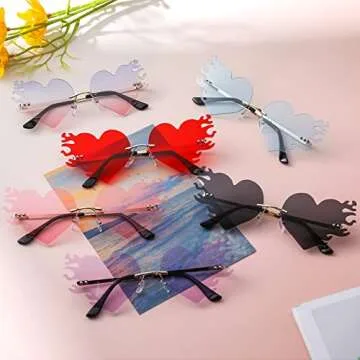 COASION Melting Heart Sunglasses for Women Men Trendy Design Rimless Party Cute Prom Glasses Personality Fashion Fire Flame Shades (Grey)