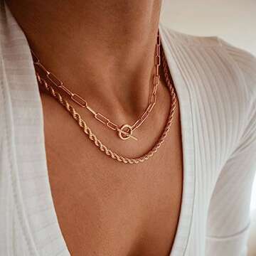 CHESKY Layered Necklaces for Women, 14K Dainty Gold Plated Necklaces for Women Trendy Paperclip Rope...