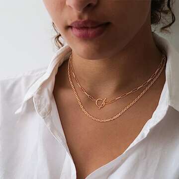 CHESKY Layered Necklaces for Women, 14K Dainty Gold Plated Necklaces for Women Trendy Paperclip Rope Chain Necklace Gold Jewelry Necklaces Gift for Her