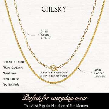 CHESKY Layered Necklaces for Women, 14K Dainty Gold Plated Necklaces for Women Trendy Paperclip Rope Chain Necklace Gold Jewelry Necklaces Gift for Her