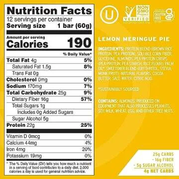 No Cow High Protein Bars, Lemon Meringue - Healthy Snacks, 20g Vegan Protein, High Fiber, Low Sugar, Keto Friendly, Dairy & Gluten Free (12 Count)