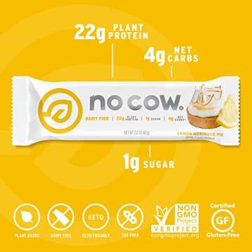 No Cow High Protein Bars, Lemon Meringue - Healthy Snacks, 20g Vegan Protein, High Fiber, Low Sugar, Keto Friendly, Dairy & Gluten Free (12 Count)