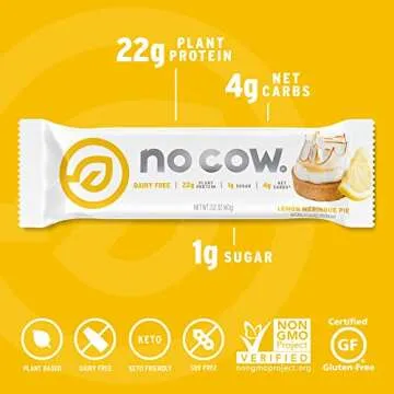 No Cow High Protein Bars, Lemon Meringue - Healthy Snacks, 20g Vegan Protein, High Fiber, Low Sugar, Keto Friendly, Dairy & Gluten Free (12 Count)