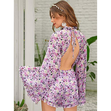 Romwe Women's Floral Bell Sleeve Jumpsuit - Spring Style