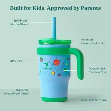 REDUCE 14 Oz Coldee Kids Tumbler with Lid and Straw - Coldee Insulated Travel Mug - Spill-Proof, Sweatproof Stainless Steel, BPA-Free - Includes Handle, Reusable Silicone Straw - Out of this world