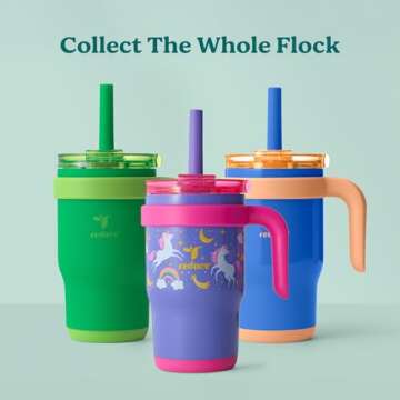 REDUCE 14 Oz Coldee Kids Tumbler with Lid and Straw - Coldee Insulated Travel Mug - Spill-Proof, Sweatproof Stainless Steel, BPA-Free - Includes Handle, Reusable Silicone Straw - Out of this world