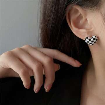 Checker Heart Stud Earrings for Women Unique Temperament Enamel Black White Striped Checkerboard Lig...