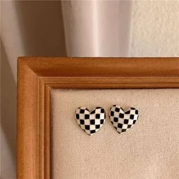 Checker Heart Stud Earrings for Women Unique Temperament Enamel Black White Striped Checkerboard Lightweight Small Earrings for Minimalist Valentines Day Birthday Anniversary Fashion Jewelry Gifts (Gold)