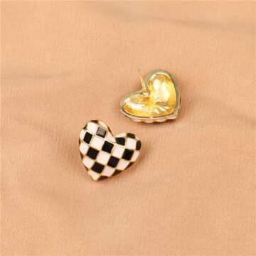 Checker Heart Stud Earrings for Women Unique Temperament Enamel Black White Striped Checkerboard Lightweight Small Earrings for Minimalist Valentines Day Birthday Anniversary Fashion Jewelry Gifts (Gold)