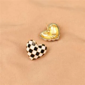 Checker Heart Stud Earrings for Women Unique Temperament Enamel Black White Striped Checkerboard Lightweight Small Earrings for Minimalist Valentines Day Birthday Anniversary Fashion Jewelry Gifts (Gold)