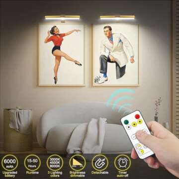 Picture Light with Remote Control - Wireless Art Accent Light, Rechargeable Battery Operated Dimmabl...