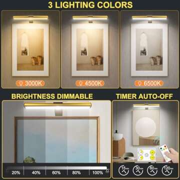 Picture Light with Remote Control - Wireless Art Accent Light, Rechargeable Battery Operated Dimmable Full Metal, 3 Light Colors, Down Light for Display