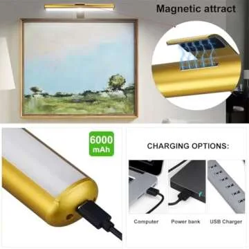 Picture Light with Remote Control - Wireless Art Accent Light, Rechargeable Battery Operated Dimmable Full Metal, 3 Light Colors, Down Light for Display