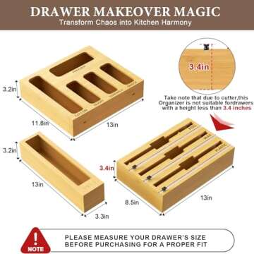 NIKUY 9 IN 1 Bamboo Foil and Plastic Wrap Organizer for Kitchen Drawer, Plastic Bag Organizer Organi...