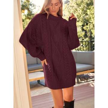 LILLUSORY Women's Crewneck Oversized Sweater Dress 2024 Fall Fashion Cable Knit Long Sleeve Dresses Chunky Pullover Tops WineRed XL