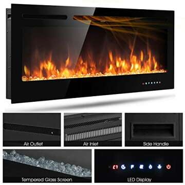 Tangkula 50 inches Electric Fireplace Insert with Thermostat, in-Wall Recessed and Wall Mounted 1500 W Faux Fireplace, Touch Screen Control, 9 Flamer Color, Temperature Control & Timer (50 inches)