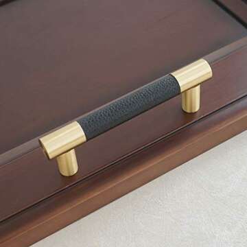 MFYS 3" Black Leather Drawer Pulls for Dresser Knob 76mm Gold Handle for Cabinet Pulls Cupboard Knob Brushed Brass Cabinet Pulls for Dresser Hardware (Overall Length: 4"(102mm)