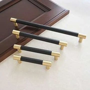 MFYS 3" Black Leather Drawer Pulls for Dresser Knob 76mm Gold Handle for Cabinet Pulls Cupboard Knob Brushed Brass Cabinet Pulls for Dresser Hardware (Overall Length: 4"(102mm)
