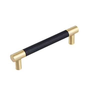 MFYS 3" Black Leather Drawer Pulls for Dresser Knob 76mm Gold Handle for Cabinet Pulls Cupboard Knob Brushed Brass Cabinet Pulls for Dresser Hardware (Overall Length: 4"(102mm)