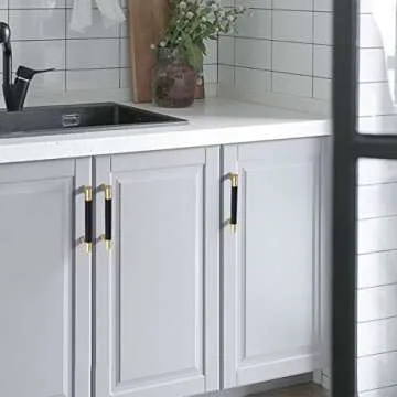 MFYS 3" Black Leather Drawer Pulls for Dresser Knob 76mm Gold Handle for Cabinet Pulls Cupboard Knob Brushed Brass Cabinet Pulls for Dresser Hardware (Overall Length: 4"(102mm)