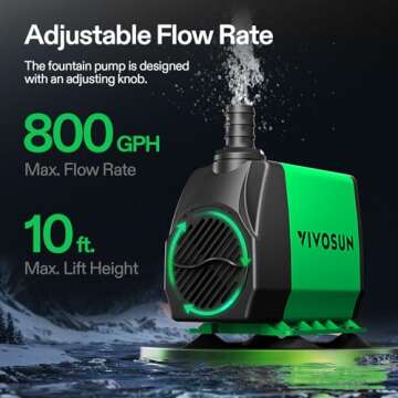 VIVOSUN 800GPH Submersible Pump(3000L/H, 24W), Ultra Quiet Water Fountain Pump with 10ft. High Lift ...