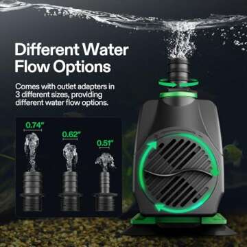 VIVOSUN 800GPH Submersible Pump(3000L/H, 24W), Ultra Quiet Water Fountain Pump with 10ft. High Lift with 6.5ft. Power Cord, 3 Nozzles for Fish Tank, Pond, Aquarium, Statuary, Hydroponics Green