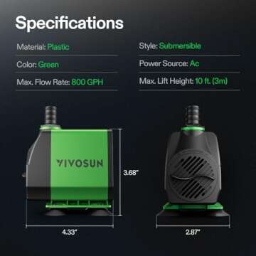 VIVOSUN 800GPH Submersible Pump(3000L/H, 24W), Ultra Quiet Water Fountain Pump with 10ft. High Lift with 6.5ft. Power Cord, 3 Nozzles for Fish Tank, Pond, Aquarium, Statuary, Hydroponics Green