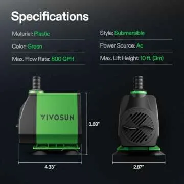 VIVOSUN 800GPH Submersible Pump(3000L/H, 24W), Ultra Quiet Water Fountain Pump with 10ft. High Lift with 6.5ft. Power Cord, 3 Nozzles for Fish Tank, Pond, Aquarium, Statuary, Hydroponics Green