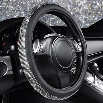 CAR PASS Diamond Black Leather Steering Wheel Cover - Bling Crystal Rhinestones for Women