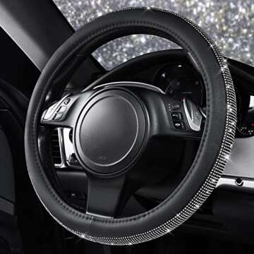 CAR PASS Diamond Black Leather Steering Wheel Cover