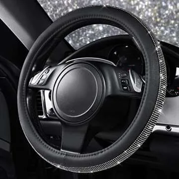 CAR PASS Diamond Black Leather Steering Wheel Cover