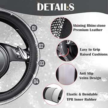 CAR PASS Diamond Black Leather Steering Wheel Cover