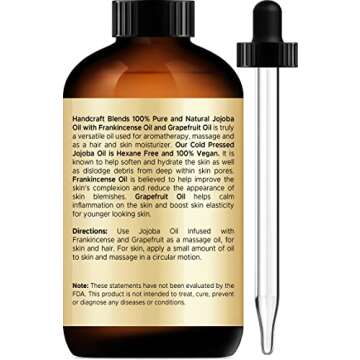 Handcraft Blends Jojoba Oil with Frankincense Oil and Grapefruit Oil in Glass Bottle with Dropper - 4 Fl Oz - 100% Pure and Natural - Premium Grade Oil for Skin and Hair - Hair and Body - Massage