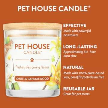 One Fur All Pet House Candle Plant-Based/Soy Candle - Clean Burning Scented Candles, Long Lasting Pet Odor Candle for Home - Vanilla Sandalwood