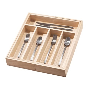iDesign Renewable Paulownia Wood Collection Expandable Flatware and Cutlery Tray, 15" x 12"-22", Natural