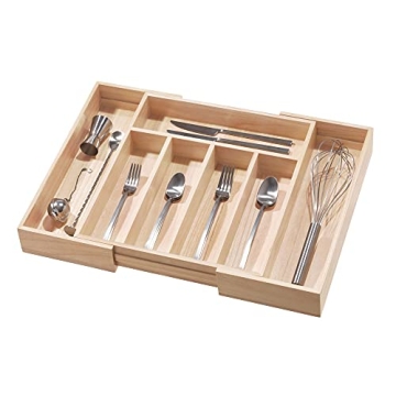 iDesign Renewable Paulownia Wood Collection Expandable Flatware and Cutlery Tray, 15" x 12"-22", Natural
