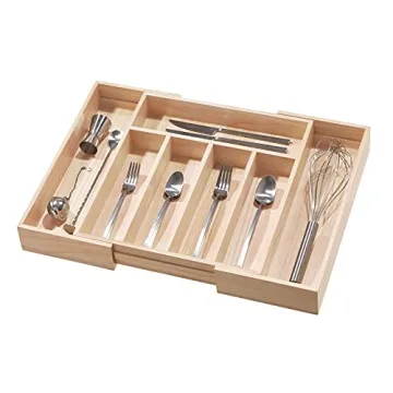 iDesign Renewable Paulownia Wood Collection Expandable Flatware and Cutlery Tray, 15" x 12"-22", Natural