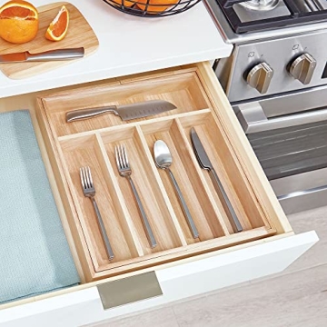 iDesign Renewable Paulownia Wood Collection Expandable Flatware and Cutlery Tray, 15" x 12"-22", Natural