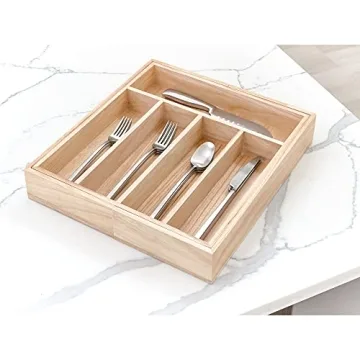 iDesign Renewable Paulownia Wood Collection Expandable Flatware and Cutlery Tray, 15" x 12"-22", Natural
