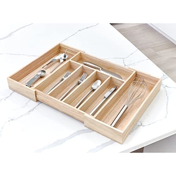 iDesign Renewable Paulownia Wood Collection Expandable Flatware and Cutlery Tray, 15" x 12"-22", Natural