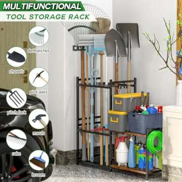 DAOUTIME Garage Tool Organizer with 2-tier Wooden Shelves, Yard Tool Organizer for Garage with 6 Hoo...