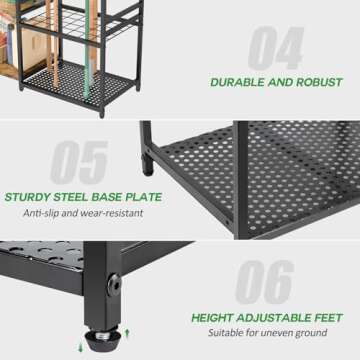 DAOUTIME Garage Tool Organizer with 2-tier Wooden Shelves, Yard Tool Organizer for Garage with 6 Hooks, Heavy duty Steel Garden Tool Rack Holds up to 35 Long Handled Yard tools for Storage, Black
