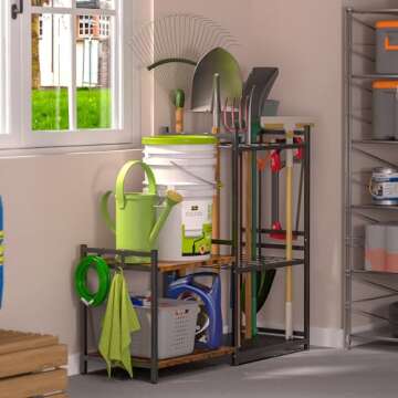 DAOUTIME Garage Tool Organizer with 2-tier Wooden Shelves, Yard Tool Organizer for Garage with 6 Hooks, Heavy duty Steel Garden Tool Rack Holds up to 35 Long Handled Yard tools for Storage, Black