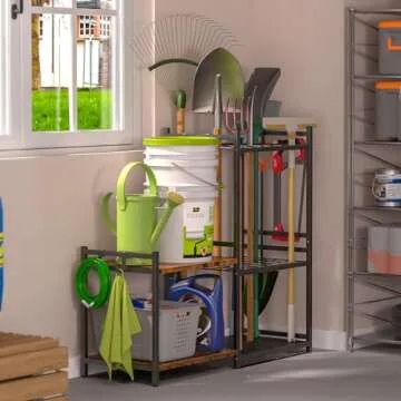 DAOUTIME Garage Tool Organizer with 2-tier Wooden Shelves, Yard Tool Organizer for Garage with 6 Hooks, Heavy duty Steel Garden Tool Rack Holds up to 35 Long Handled Yard tools for Storage, Black