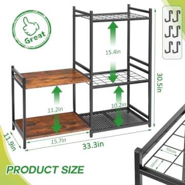 DAOUTIME Garage Tool Organizer with 2-tier Wooden Shelves, Yard Tool Organizer for Garage with 6 Hooks, Heavy duty Steel Garden Tool Rack Holds up to 35 Long Handled Yard tools for Storage, Black