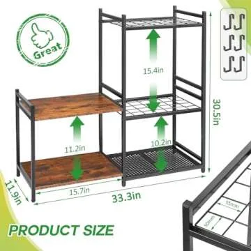 DAOUTIME Garage Tool Organizer with 2-tier Wooden Shelves, Yard Tool Organizer for Garage with 6 Hooks, Heavy duty Steel Garden Tool Rack Holds up to 35 Long Handled Yard tools for Storage, Black