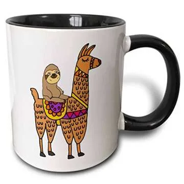 3dRose Funny Cute Sloth Riding Llama Cartoon Ceramic Mug, 11oz, Black/White