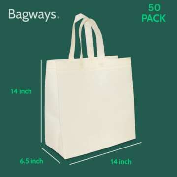 Bagways 50 PACK Reusable Grocery Bags with Handles, Durable, Foldable, Washable Eco-Friendly Shopping Totes, 14x6.5x14 Inch, Cream